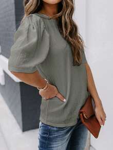 Women's Solid Short Sleeve Blouse Summer Crew Neck Casual Tops Fashion Puffed Sleeve Shirt