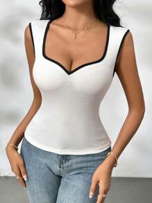 SHEIN Privé Áo crop top không tay màu đen trắng có viền tay áo dành cho nữ - trắng - Xem 6