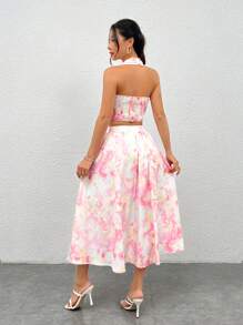 SHEIN PETITE Nhuộm buộc Nhăn Áo hai dây Và Váy chữ A Mùa hè Kỳ nghỉ Bộ - Hồng - Xem 2