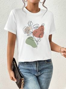 SHEIN Essnce 休闲宽松花卉与图案抽象印花圆领短袖女式 T 恤，适合夏季