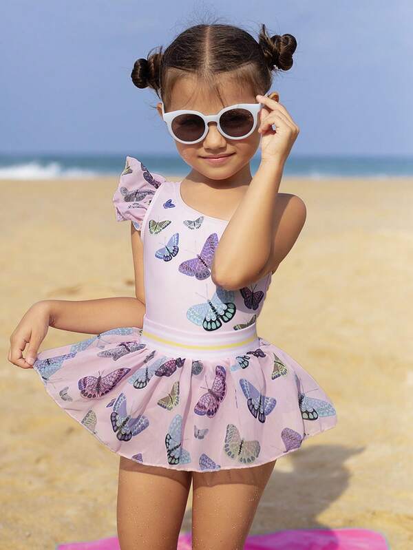 SHEIN Set de fuste din plasă de costum de baie dintr-o bucată cu imprimeu fluture pentru fetiță