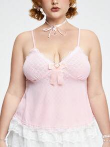 ROMWE Kawaii 大尺碼女士夏季對比蕾絲蝴蝶裝飾背心上衣 - 粉色 - 查看 2