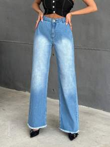 EURMUSE Denim Straight Jeans In Medium Blue Stonewash With Raw Hem - Medium Wash - View 3