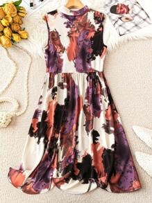 SHEIN Clasi Kleid in Große Größen für den Urlaub, legeres ärmelloses Kleid mit vorne geknöpftem und Batik Muster bedrucktem Saum - Rostige Rose - Übersicht 2