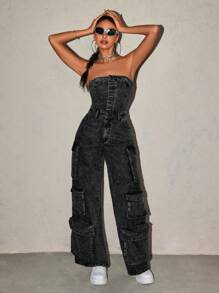 SHEIN ICON 女士口袋裝飾露肩牛仔連身褲 - 黑色 - 查看 5