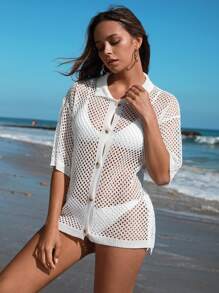 SHEIN Swim Women's Beach Cover Up Short Sleeve Hollow Out Knitted Kimono Cover Up Solid Color Summer