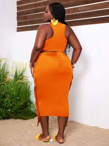 Slaydiva Plus Size Music Festival-Elastic Knit Plain Weave Wine Red Tank Top Fringed Skirt Two-Piece Set-A,Holiday Outfits