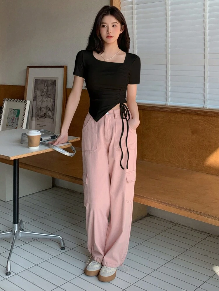 Women's Summer Solid Color Asymmetrical Neckline Drawstring Hem Casual T-Shirt