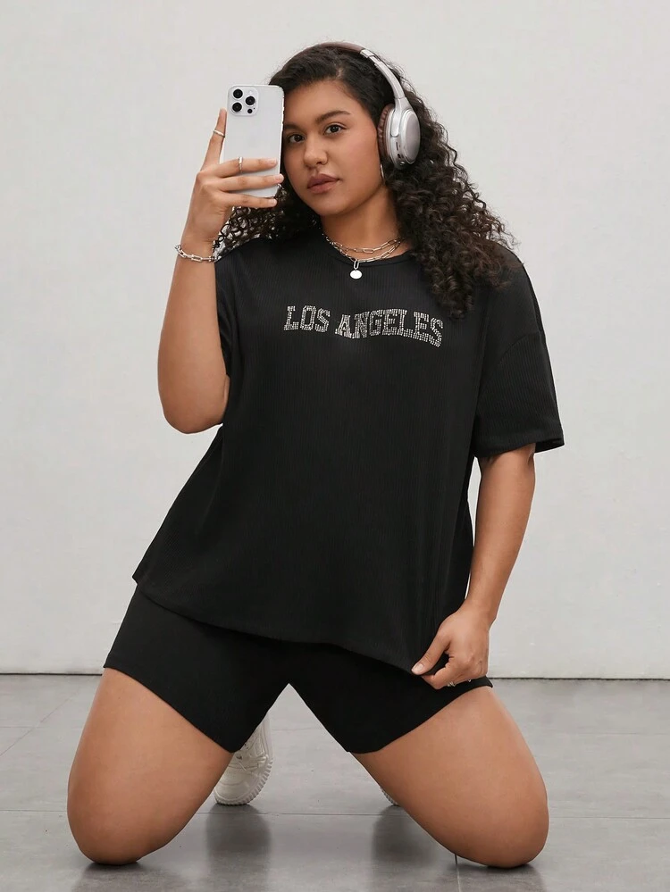 Plus Size Women's Summer Loose Fit Short Sleeve T-Shirt And Shorts Casual Set With Letter Print And Rhinestone Decoration