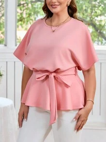 SHEIN Privé 優雅的寬鬆大碼T恤，小圓領和領帶設計 - 粉色 - 查看 4