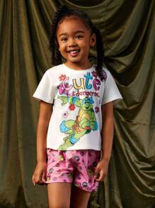 TEENAGE MUTANT NINJA TURTLES X SHEIN Set pigiama con top e pantaloncini con grafica di lettere e cartoni animati per ragazze giovani