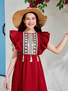 SHEIN 少女编织纯色织带刺绣流苏荷叶边袖休闲连衣裙 - 酒紅色 - 查看 5