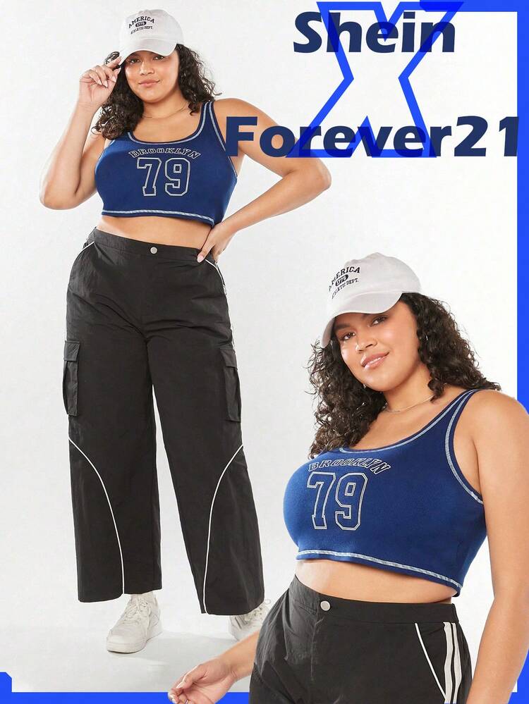 Plus Size Women Vintage College Pattern Printed Crop Tank Top With Letter Print For Summer