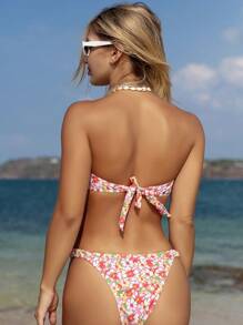 Swim Mod Women\ Holiday Floral Printed Bandeau Bikini Set With Circle Link Detail And Simple Fashion Design, Random Print,Summer Beach - Multicolor - View 2