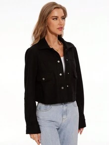 TRAFZA 女式秋季夹克，时尚立领纽扣前口袋长袖外套，优雅女士休闲夹克 - 黑色 - 查看 5