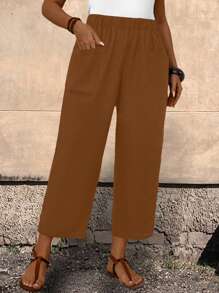 EMERY ROSE Plus Size Women'S Black Trousers With Pockets And Elastic Waistband - Brown - View 1