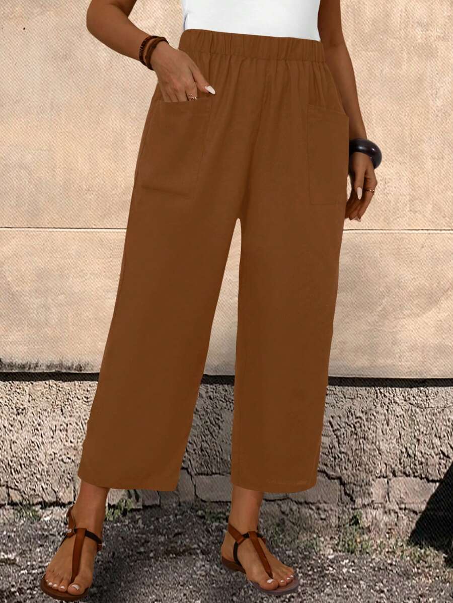 EMERY ROSE Plus Size Women'S Black Trousers With Pockets And Elastic Waistband - Brown - View 1