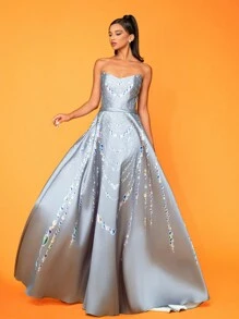 Smilprince Longo Elegante High-End Gracioso Pérola Corrente Impresso Maxi Flared Hem Strapless Formal Evening Gown - Cinza - Ver 1