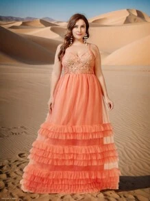 SHEIN Belle Multi-Layer Ruffle Swing Outdoor Music Festival Bohemian Style Luxurious Sequins Decoration Heavy Work Formal Dress - Orange - View 3