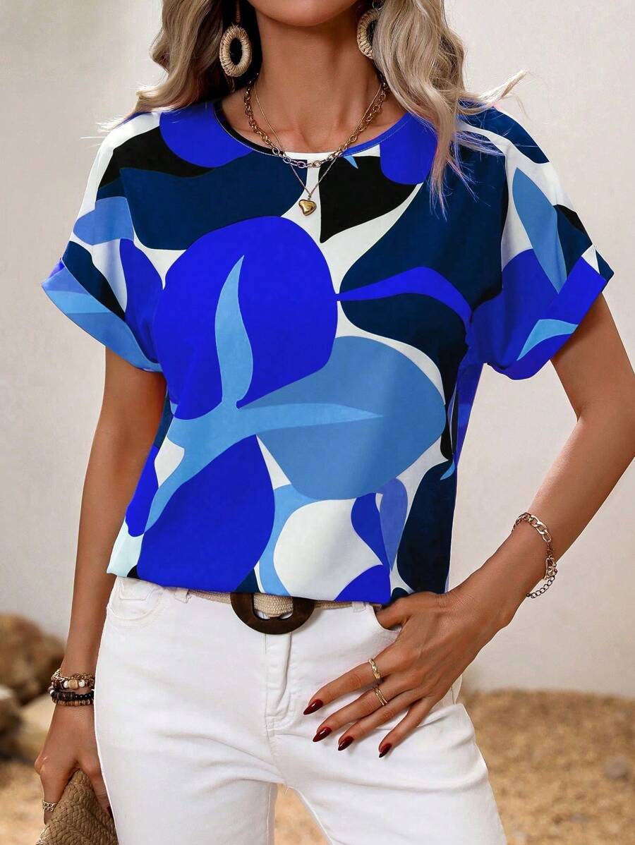 SHEIN Clasi 圓領花卉印花夏季優雅短袖襯衫 - 藍色 - 查看 1