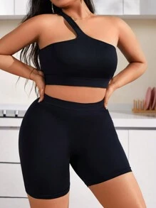 大尺碼女士時尚單肩上衣和短褲緊身套裝 - 黑色 - 查看 1