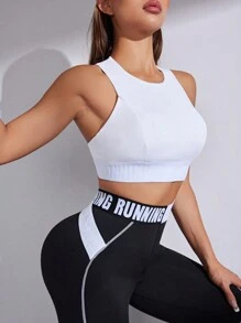 Easithlete 字母胶带腰部运动套装健身女士套装女士紧身裤套装 - 黑與白 - 查看 2