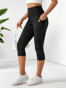 SHEIN Essnce Vrouwen Hoge taille Capri Leggings Met Zakken , Buik controle , Niet-transparant , Training & Yoga Broek