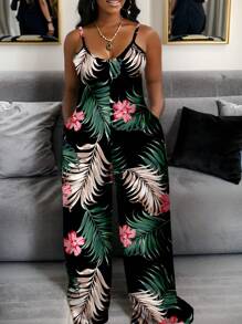 Slaydiva 女裝大碼鬆身印花肩帶連身褲，帶隨機顏色植物圖案 - 黑色 - 查看 2