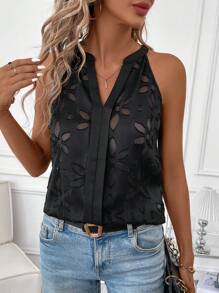 SHEIN Clasi Camisa sin mangas para mujer con cuello recortado y detalles de flor con corte de tijera, blusas sin mangas