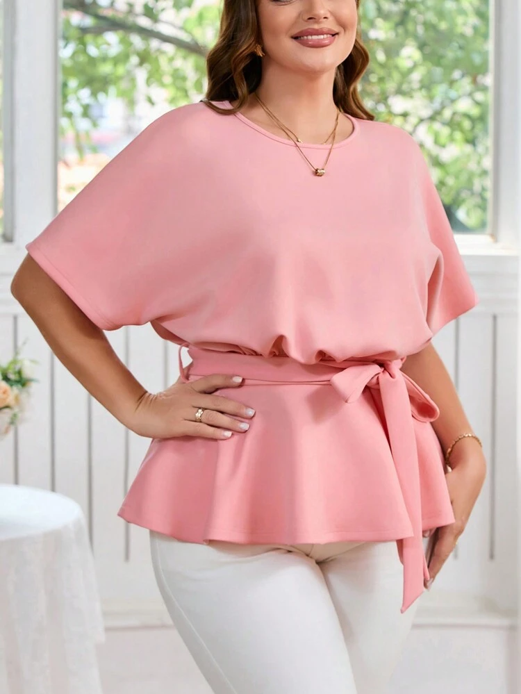 Elegant Loose Plus Size T-Shirt With Small Round Collar And Tie
