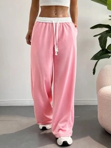 SHEIN EZwear 女士休閒拼色束口安納斯塔西亞運動長褲，夏季運動必備 - 粉色 - 查看 3