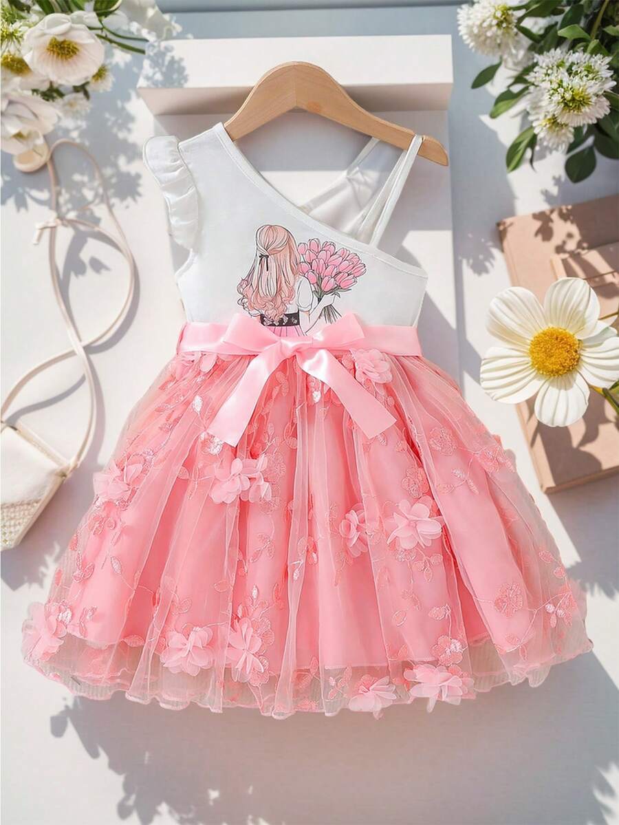 SHEIN Glamorique Kids Robe à fleurs de tulle à bretelles bouffantes pour jeunes filles, pour fête, mariage, anniversaire - rose - Rose bonbon - Voir 1