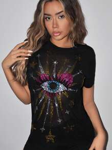 SHEIN ICON 網眼透視短袖Y2K眼睛平面T恤連衣裙音樂會黑色上衣，熱固型點飾，適用於春夏休閒風格 - 黑色 - 查看 3