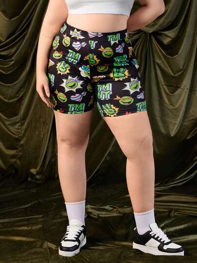 TEENAGE MUTANT NINJA TURTLES | SHEIN 大码字母与变异海龟印花黑色无缝自行车短裤