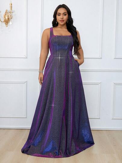 SHEIN Belle 加大码深紫色方领 A 字形礼服，设计简约，优雅舞会晚宴婚礼宾客礼服，适合毕业典礼、晚宴派对礼服