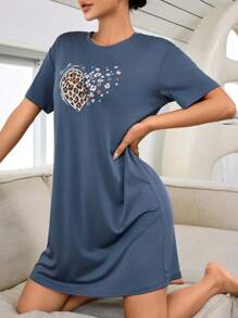Women's Letter Leopard Print Round Neck Short Sleeve Casual T-Shirt Sleep Dress Pajama Dress