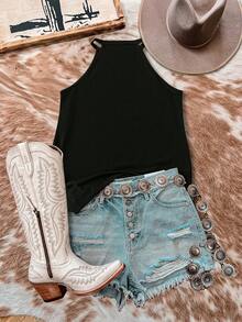 SHEIN LUNE California 女士休闲鹰字母印花露背上衣，适合夏季 - 黑色 - 查看 2