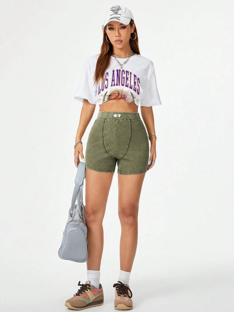 Stir-Fried Color With Washed Embroidery & Fine Details Elastic Ribbed Sports Leggings Suitable For Running And Fitness