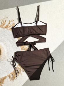 SHEIN Swim 女士纯色交叉打结性感比基尼套装，适合海滩度假夏季 - 棕色 - 查看 4