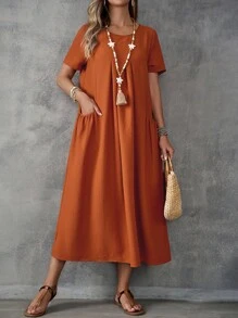 EMERY ROSE 纯色度假休闲连衣裙，双口袋，短袖