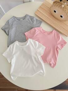 SHEIN Baby Girl Casual Simple Short Sleeve Round Neck Tops (PinkWhiteGray) 3pcs Pack Suitable For Summer