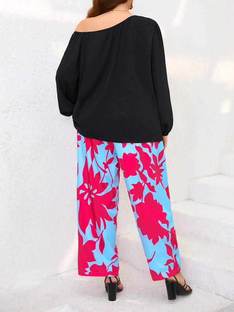 Plus Size Vacation Casual Solid Color Asymmetric Collar Lantern Sleeve Shirt And Random Print Wide Leg Pants 2pcs/Set Fall Cloth For Women