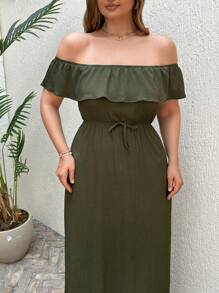 RueChic A-Line Dress With Hem Ruffle Bardot Collar - Army Green - View 5