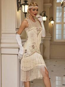 1pc Women Elegant Sleeveless Vintage Style Tassel Decorated Dress Cocktail Semi Formal Prom Wedding Guest Dress, For Birthday, Graduation, Dinner, Homecoming Party Dress