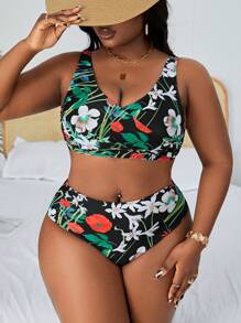 Swim Vcay Summer Beach Plus Size Floral Print Vacation Style Bikini Set With Bra And Bikini Bottom - Multicolor - View 1