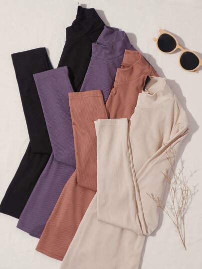 4 pièces Tee-shirt col montant côtelé en tricot pour l'automne pour femmes