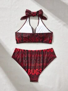 LOONEY TUNES X SHEIN Plus Size Knitted Letter And Cartoon Print Halter Neck Bikini Set, Summer