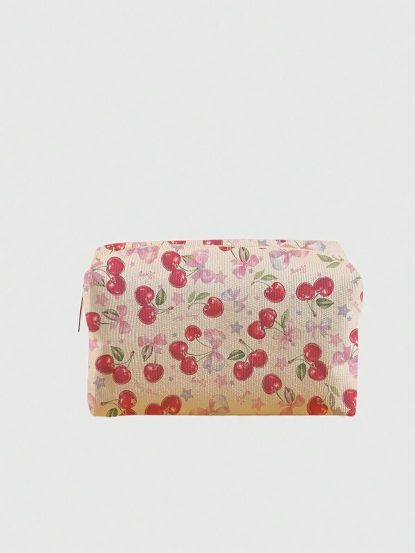 ROMWE Kawaii Cherry Pattern Octagonal Velvet Cosmetic Bag