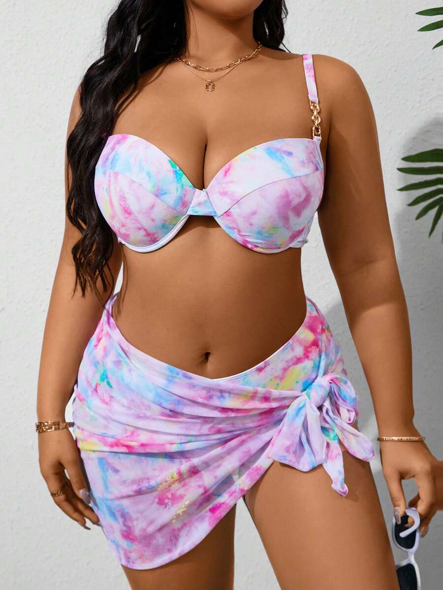 SHEIN Swim Curve Summer Beach Plus Size Women Fashionable Colorful Tie-Dye Bikini Set For Vacation - Multicolor - View 1