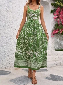 Breezaya Robe longue décontractée pour femmes, imprimé plante, boutonné, pour vacances, tenue de plage - Multicolore - Voir 3